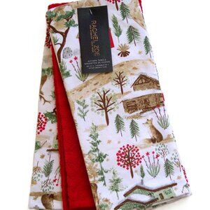 Rachel Zoe Kitchen Towels 3 Pc Set Winter Woodland Fox Cabins 100% Cotton NWT